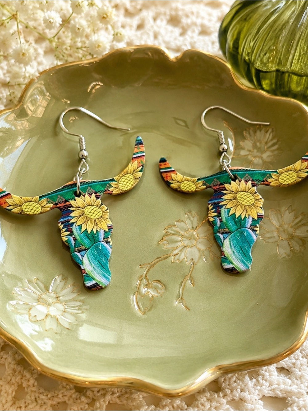 Western Longhorn Steer Skull Sunflower Cactus Boho Dangle Earrings